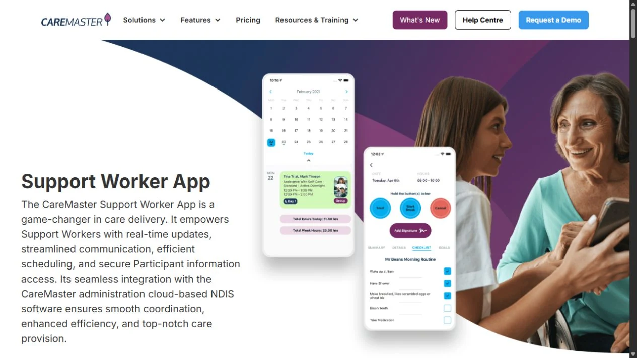 CareMaster website presenting the support-worker application and care experience