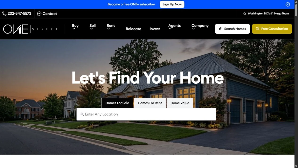 ONE Street real estate website with a location-led home search