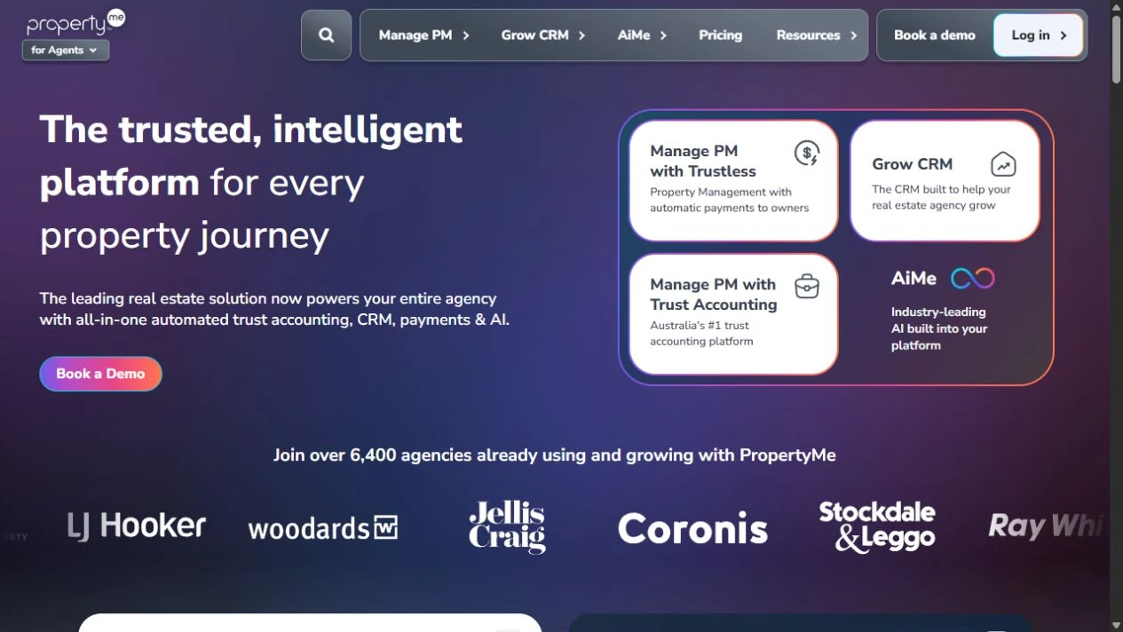 PropertyMe website introducing property management, trust accounting and CRM